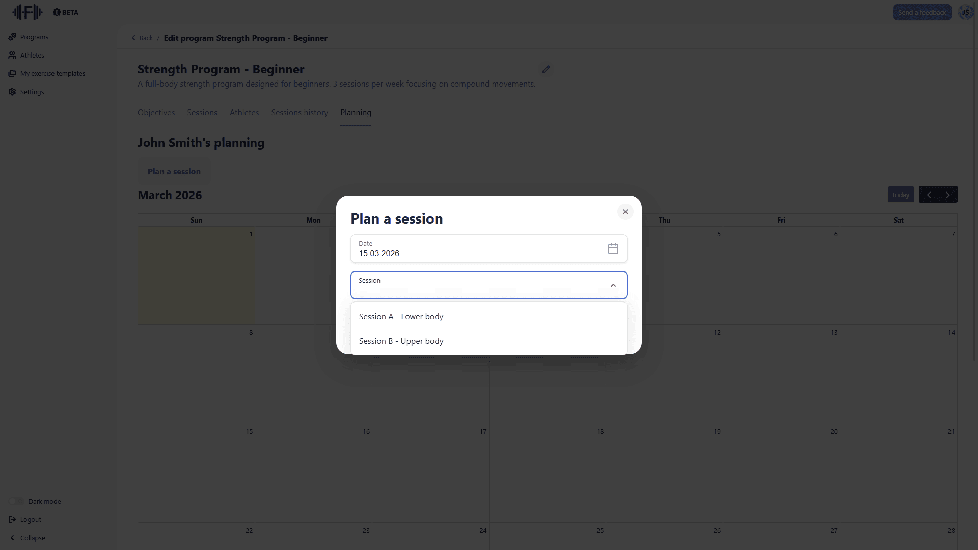 Planning dialog with session selection