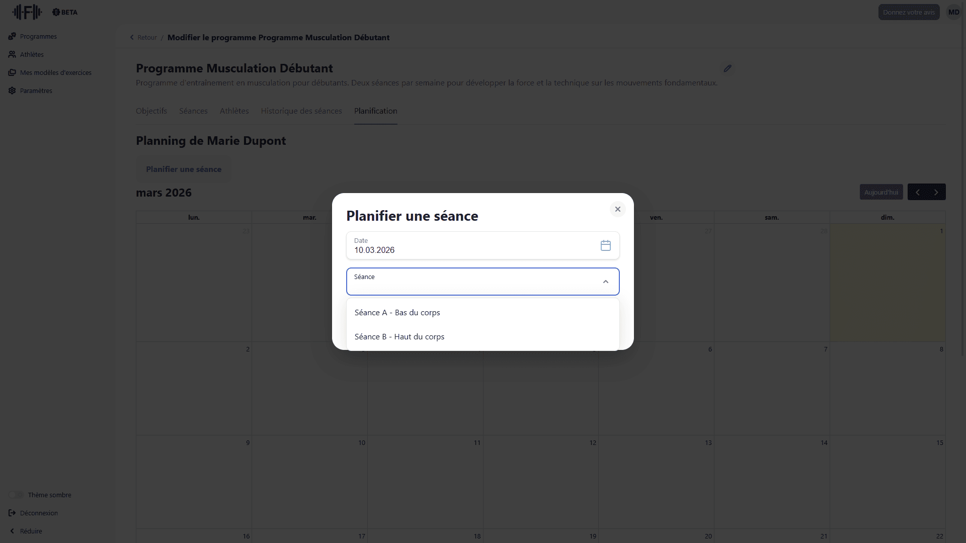 Modale de planification avec sélection de la séance