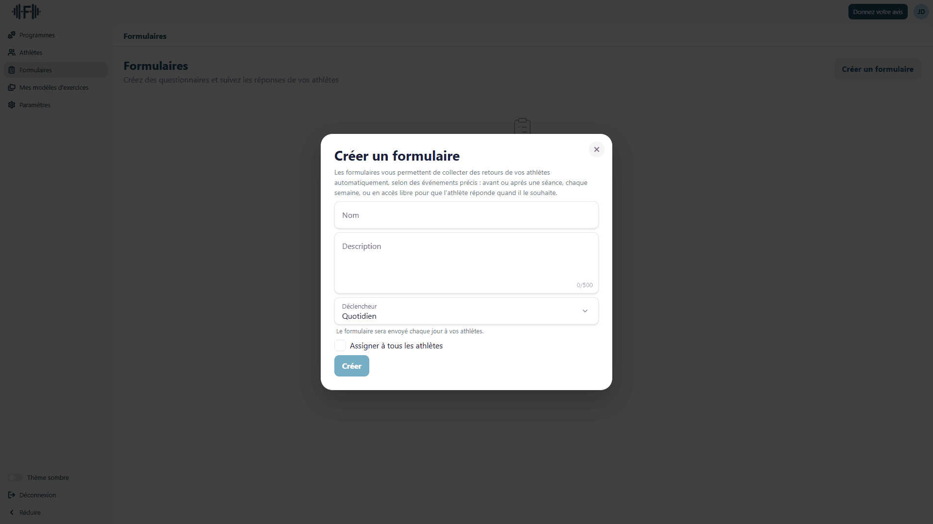 Fenêtre de création d'un formulaire