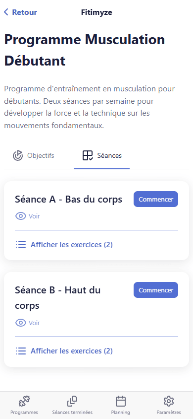 Détail du programme avec les séances
