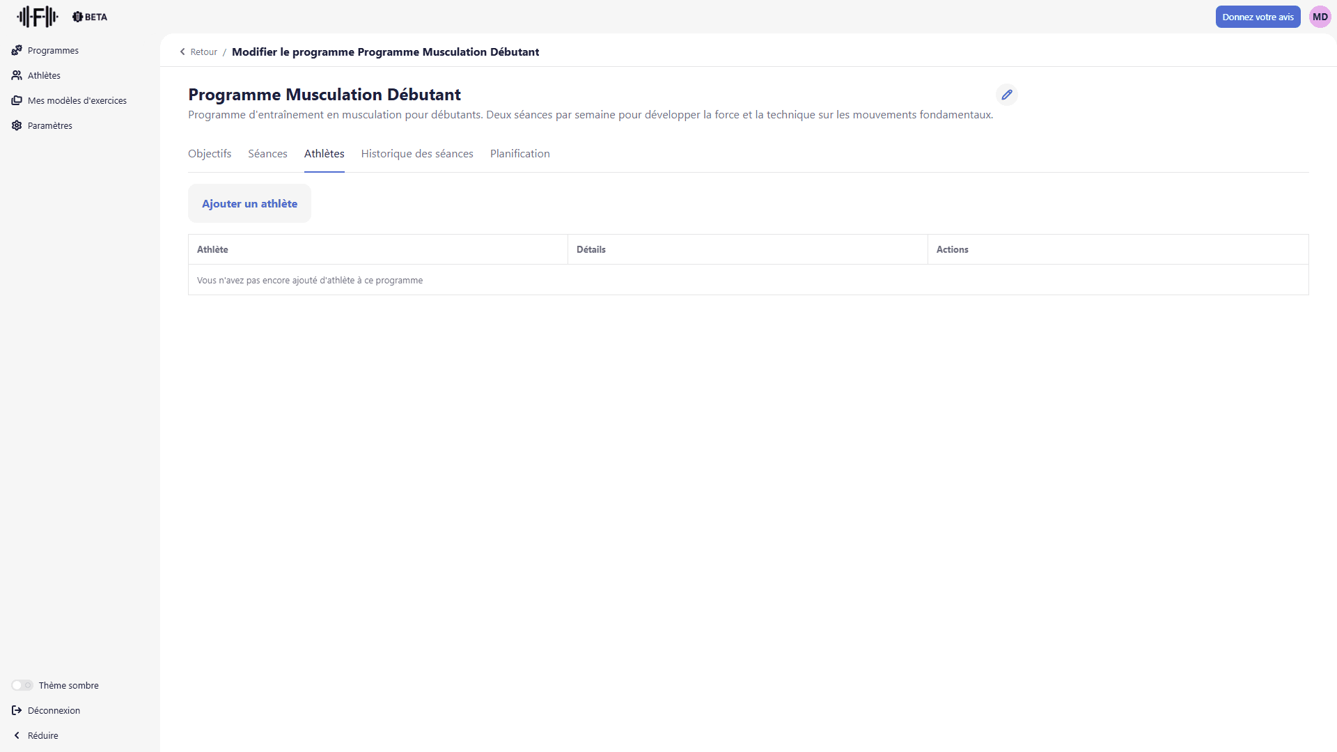 Onglet Athlètes vide