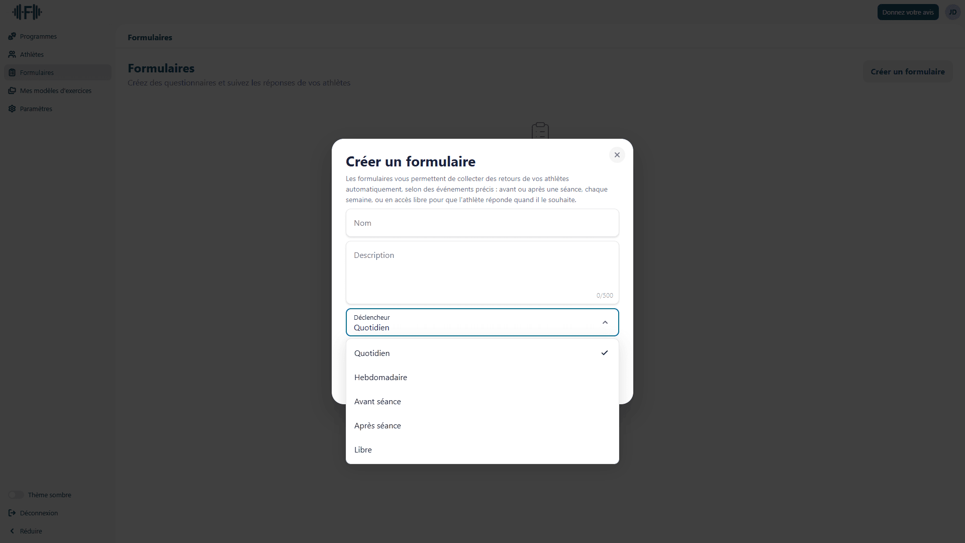 Liste des déclencheurs disponibles