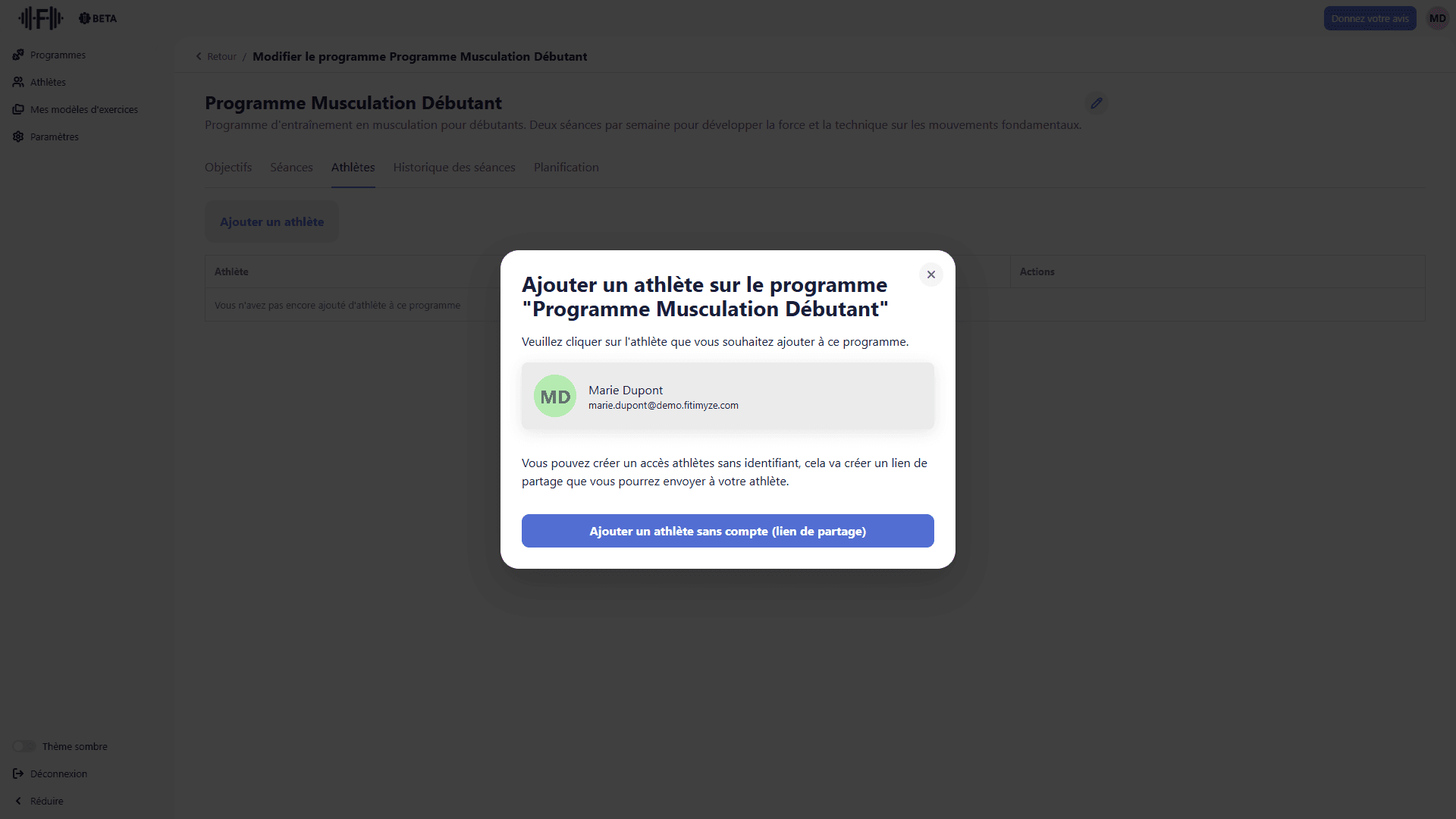 Modale d'ajout d'athlète