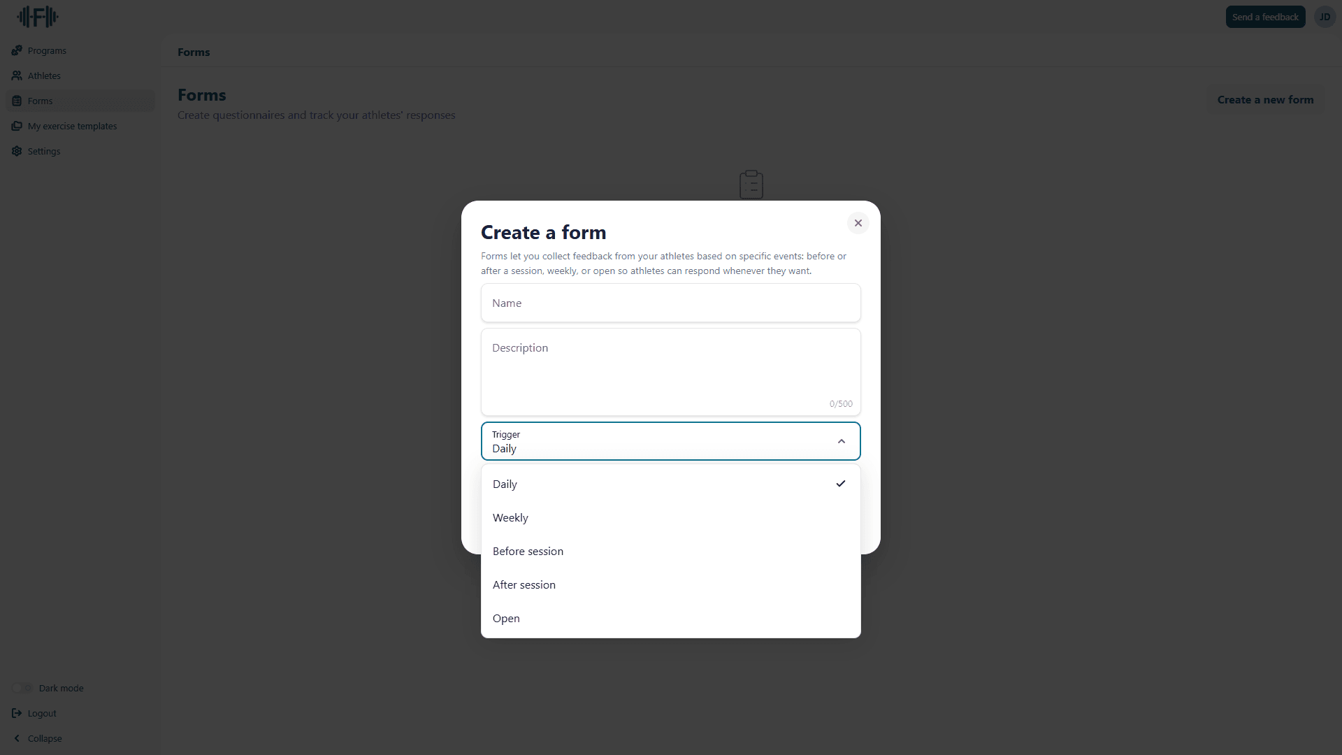 Available triggers dropdown