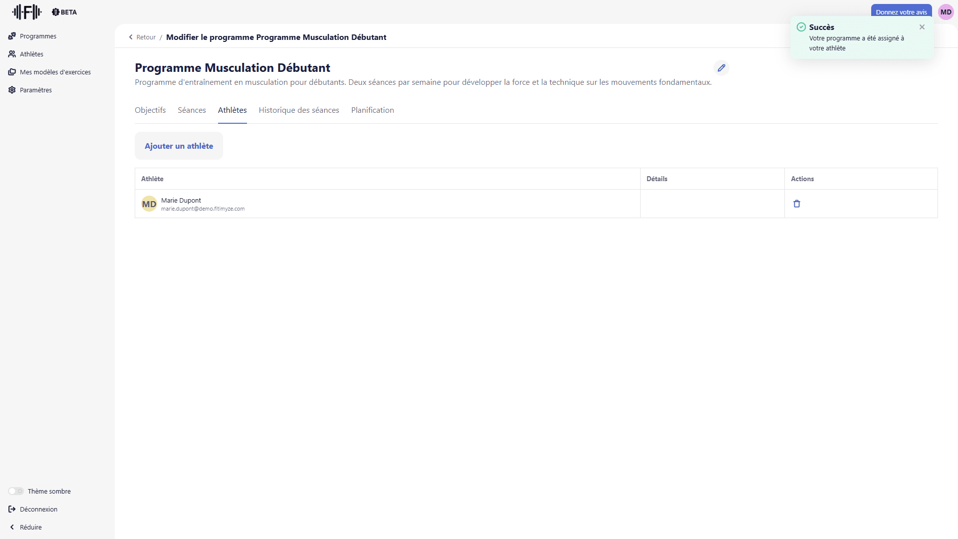 Athlète assigné au programme