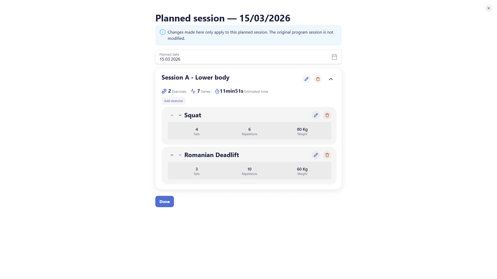 Planned session detail, editable