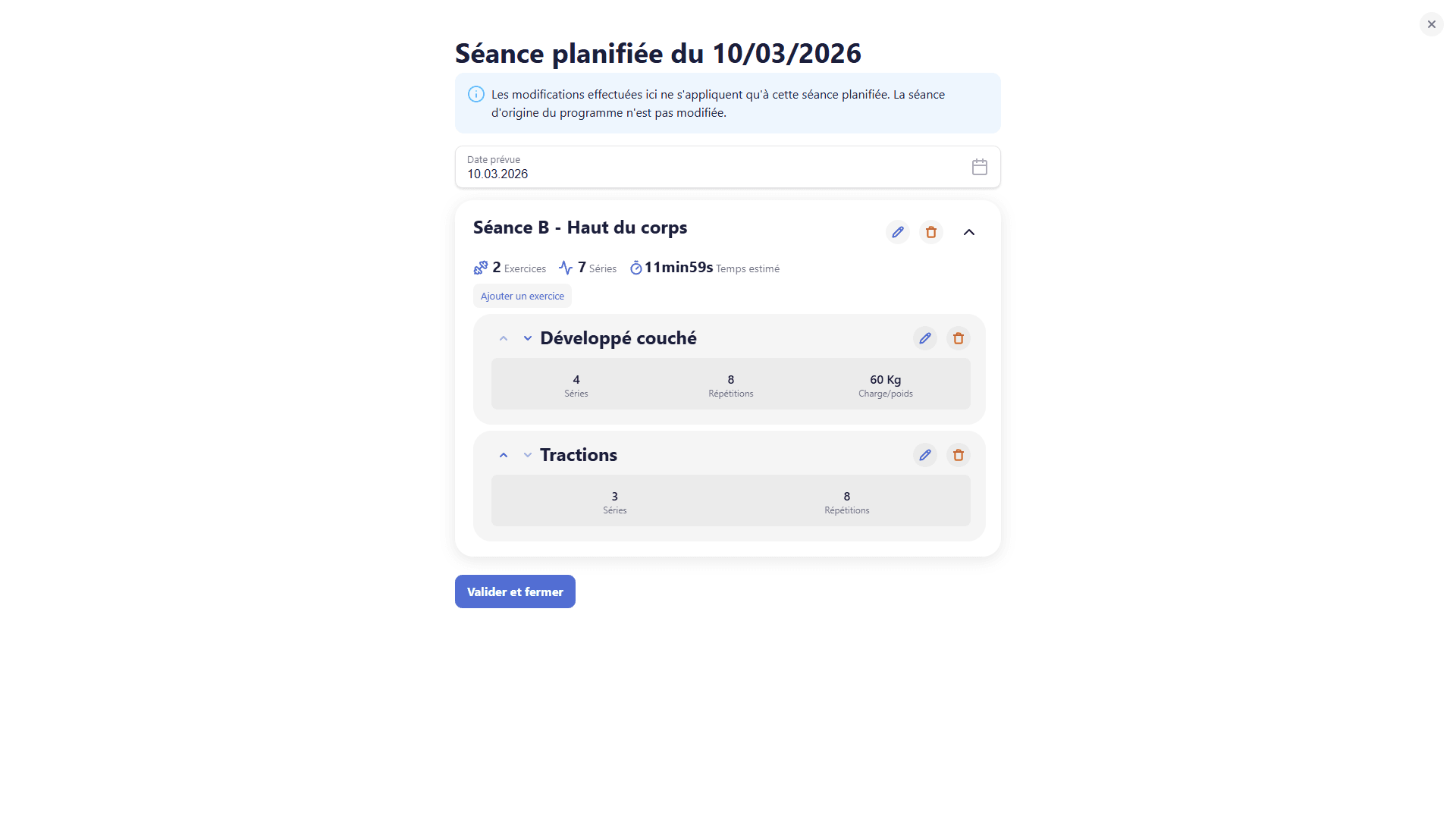 Détail d'une séance planifiée, édition possible