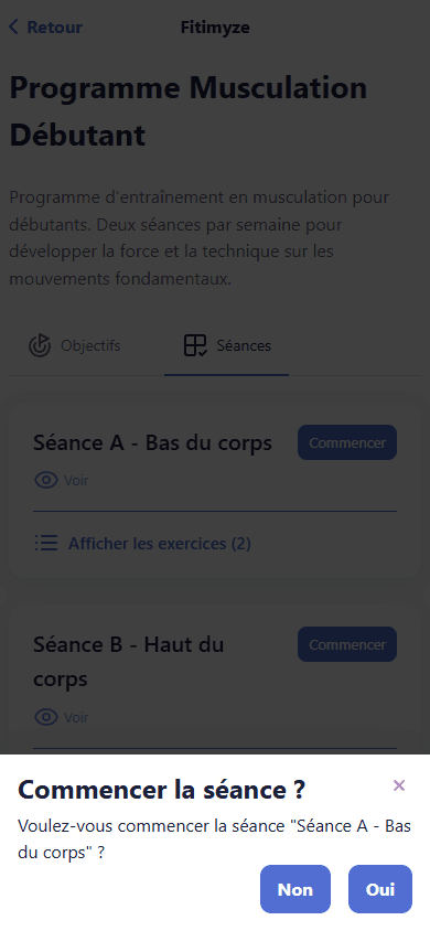 Confirmation de démarrage de séance