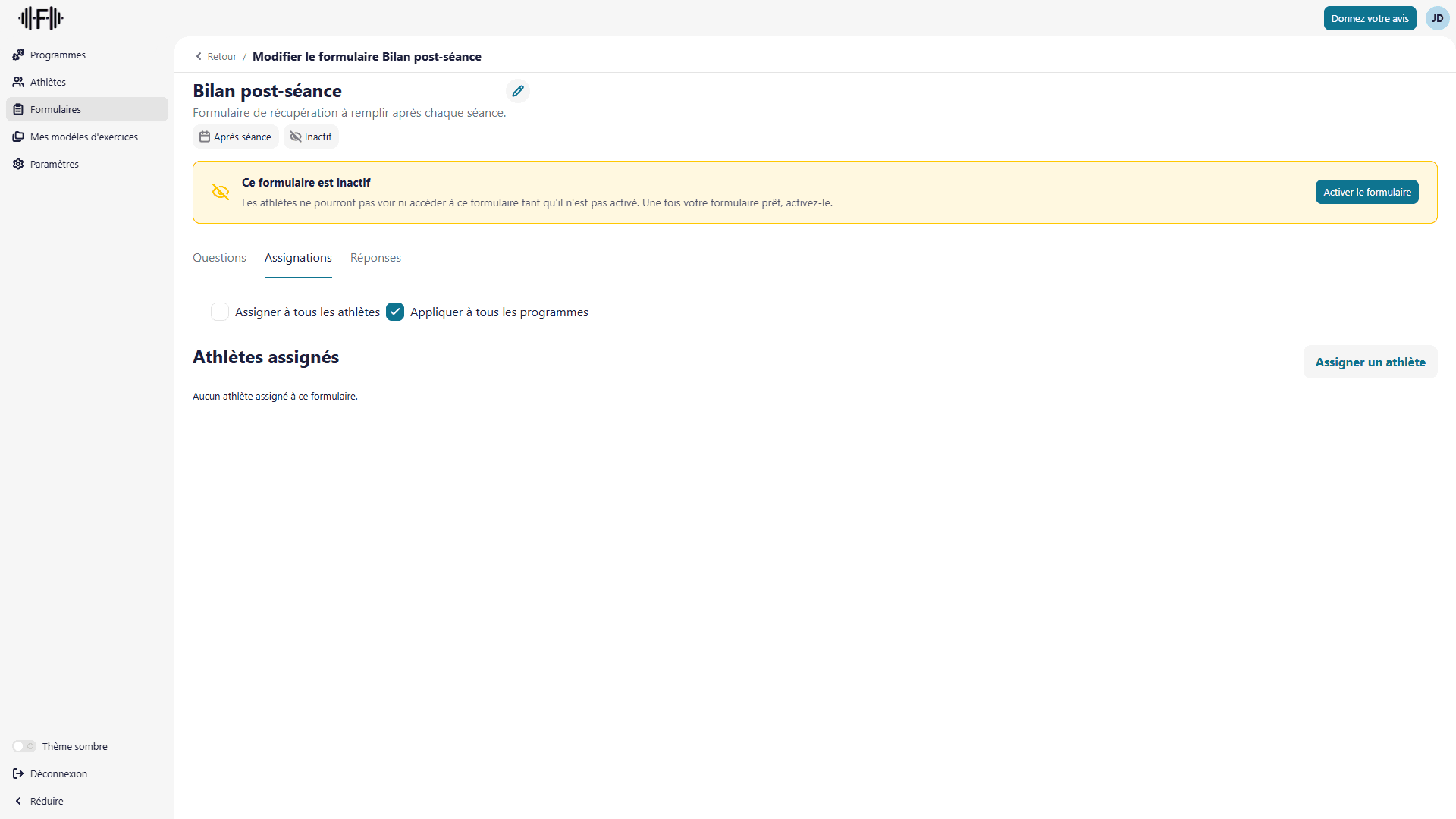 Page d'édition d'un formulaire
