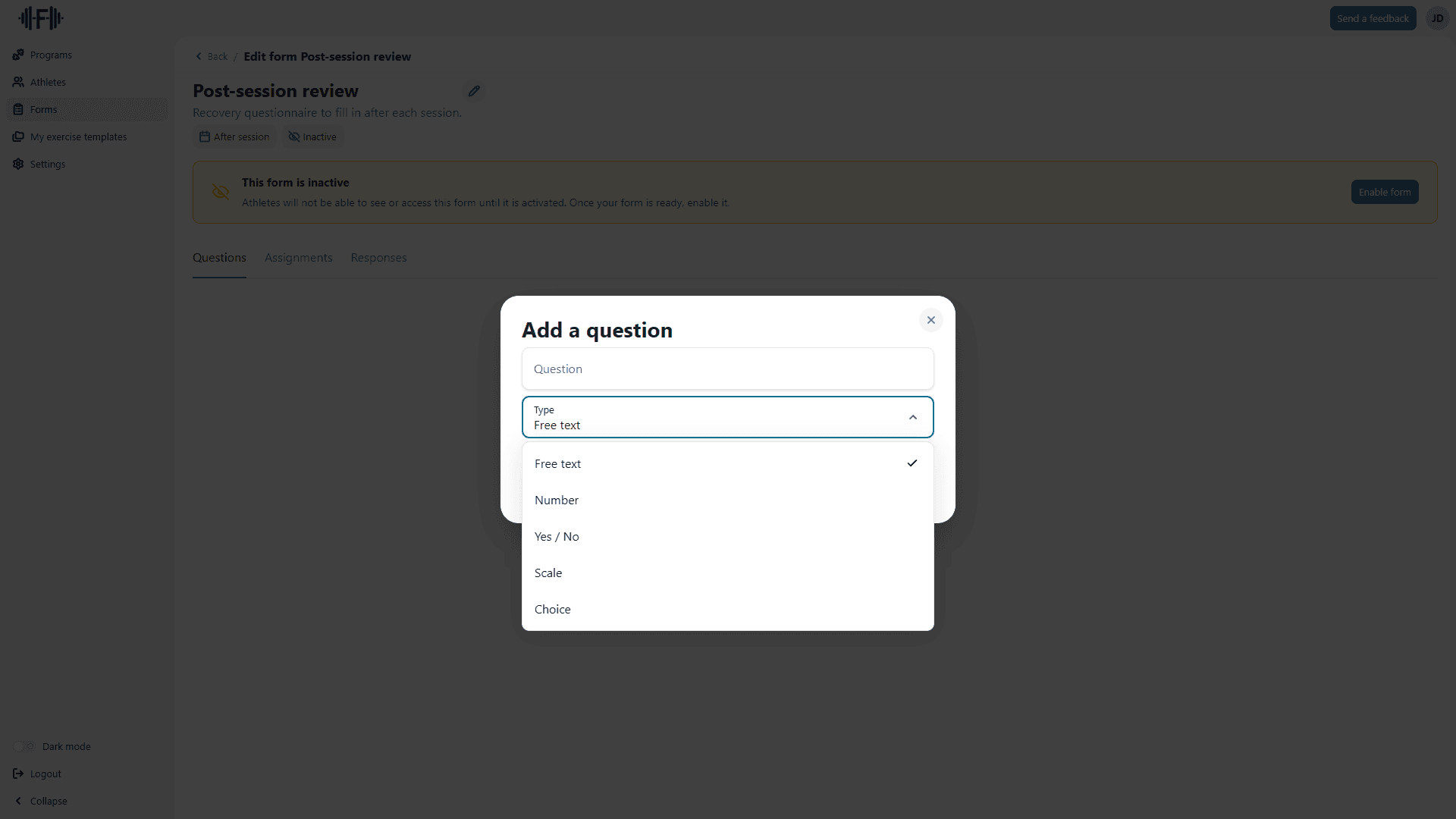 Question type selection