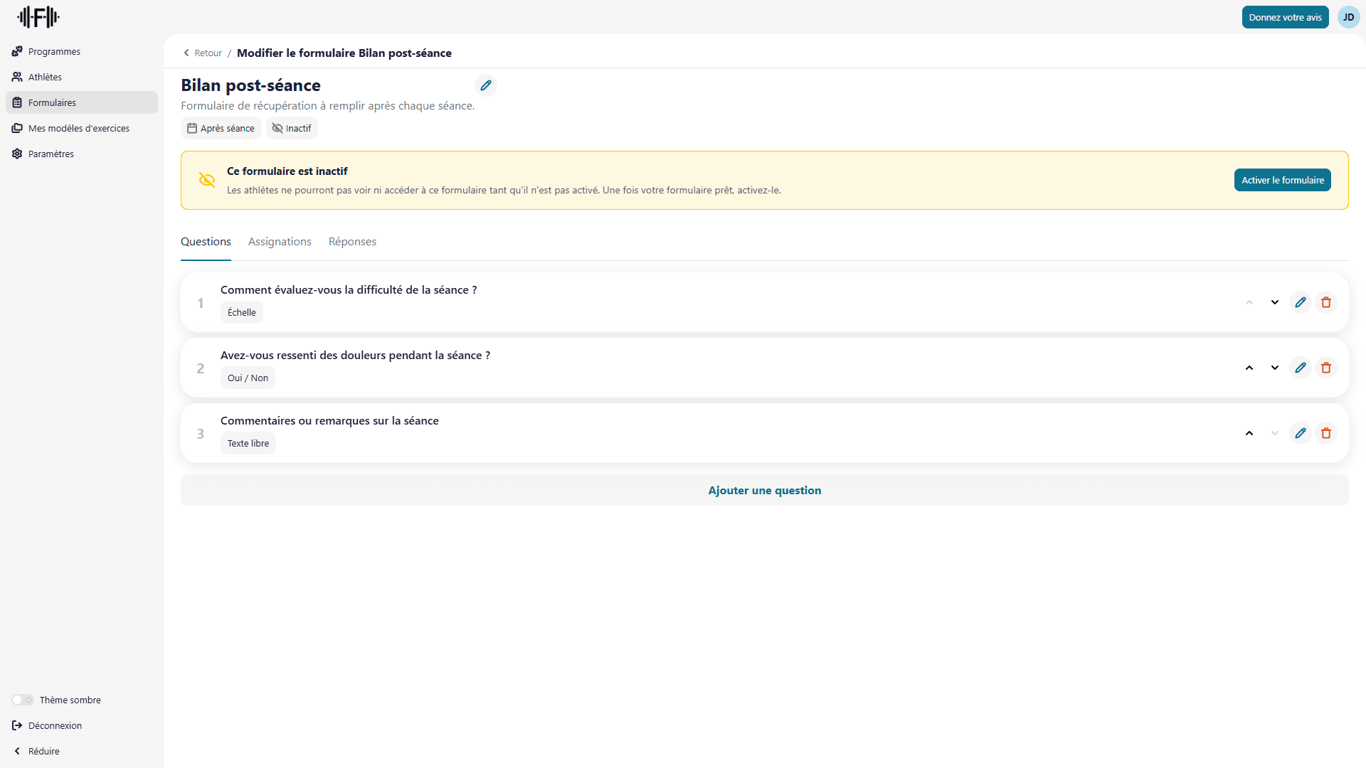 Onglet Questions avec plusieurs questions configurées