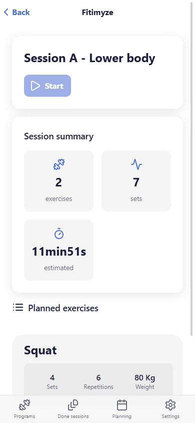 Session detail from planning