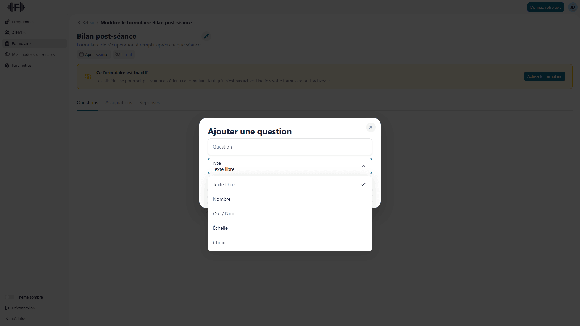 Sélection du type de question