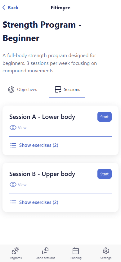 Program detail with sessions