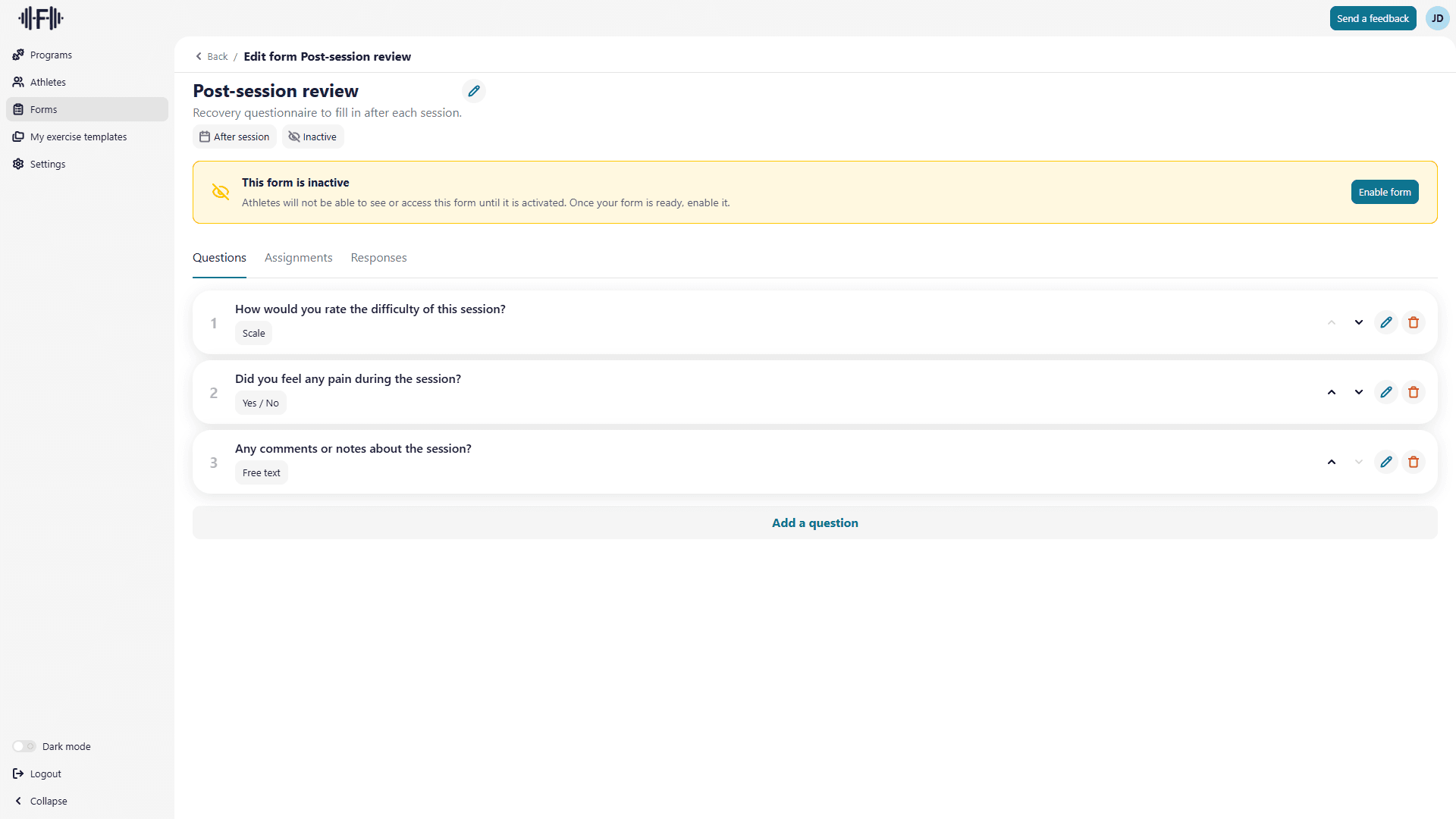 Questions tab with several questions configured