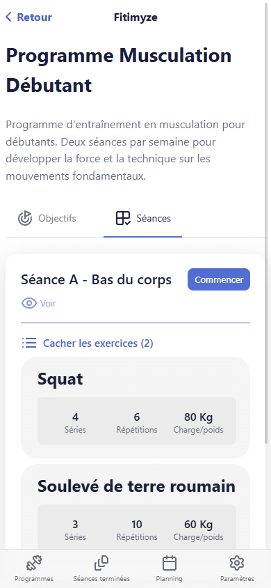 Exercices de la séance développés