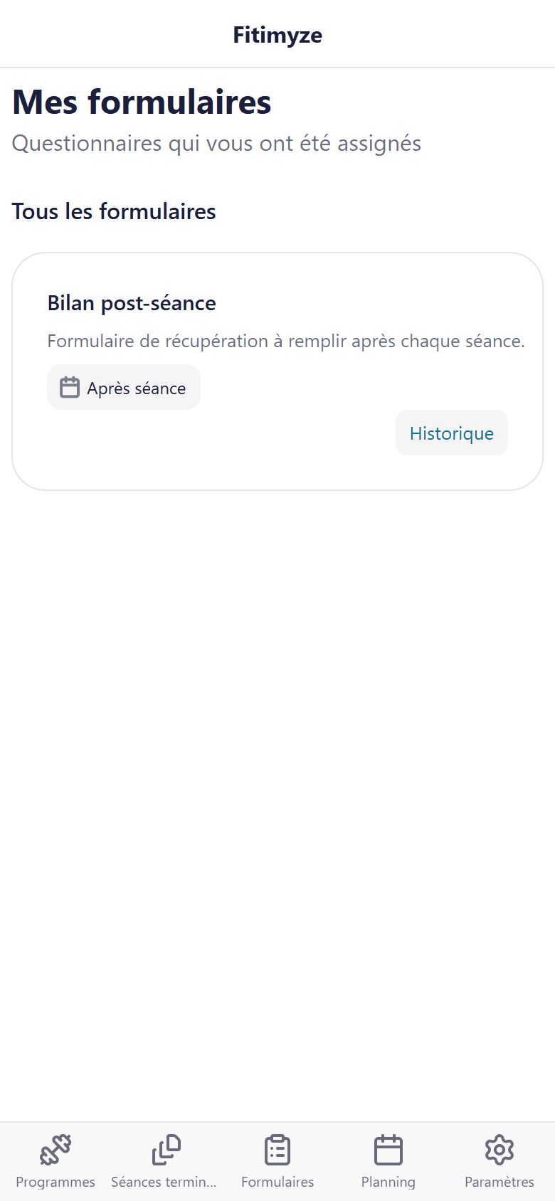 Page des formulaires vue par l'athlète